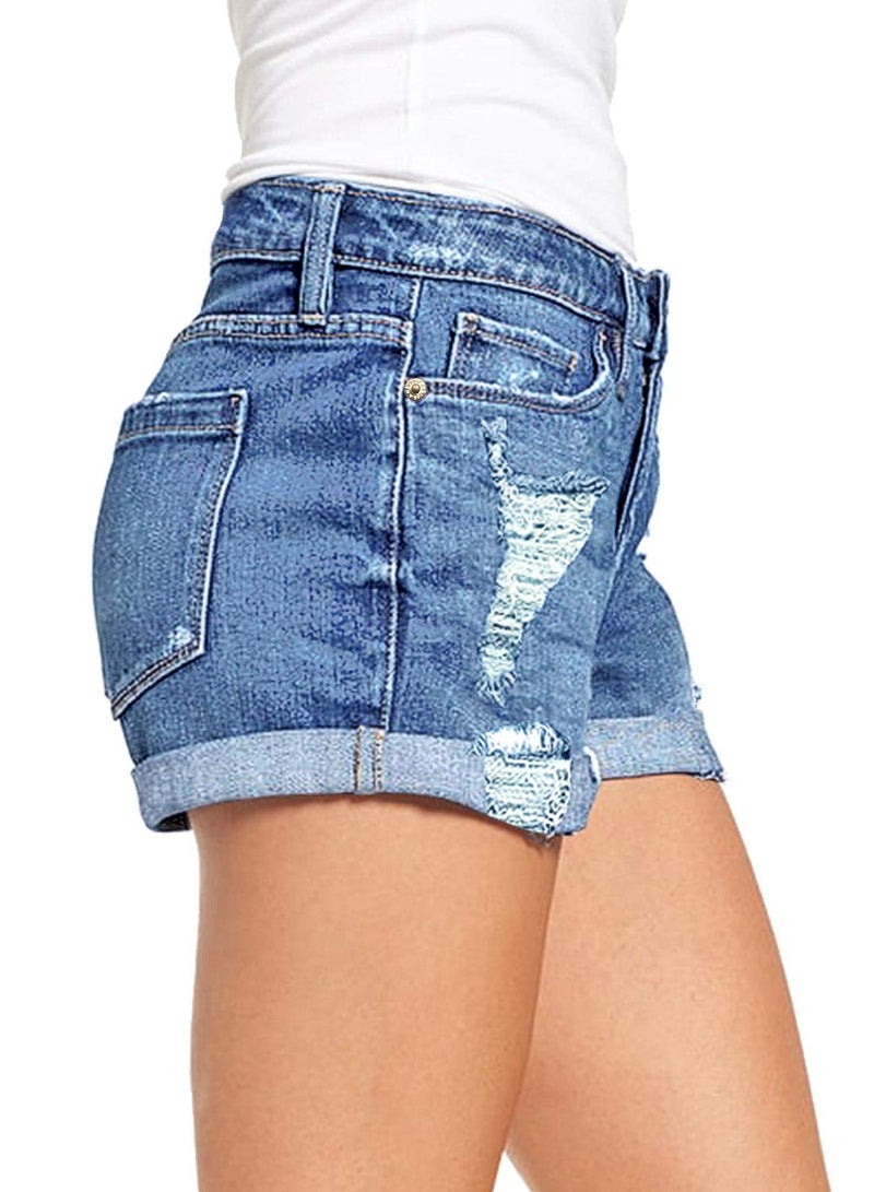 luvamia Women's Ripped Denim Jean Shorts High Waisted Stretchy Folded Hem Short Jeans B Lagoon Blue Size Large Fits US 12-14 - Image 3